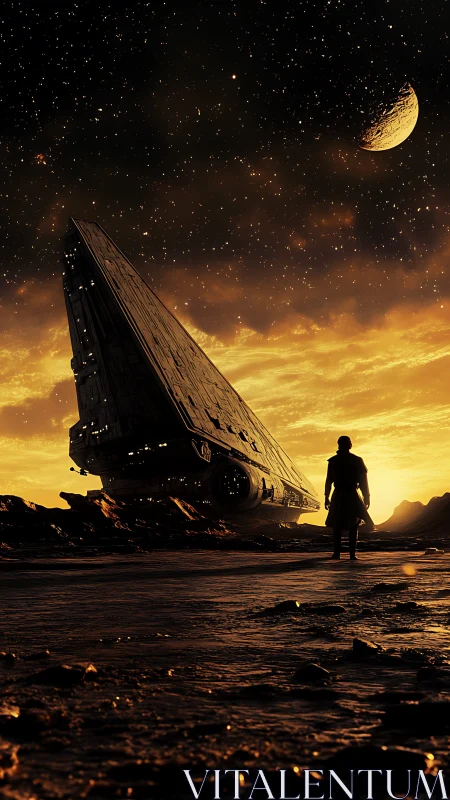 Lone explorer studies crashed starship under burning alien sky
