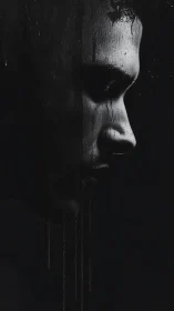 Shadowed profile captures quiet sorrow in dripping darkness