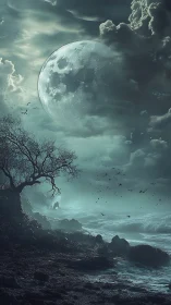 Moody moonlit shore wrapped in mist, waves, and quiet wonder.