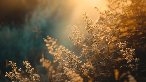 Wild meadow blooms glow softly in warm golden hour light