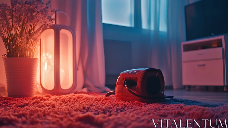 Neon Room: Red Ambient Light with Robot and Potted Plant Interior