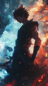 Dark anime warrior stands between swirling fire and ice