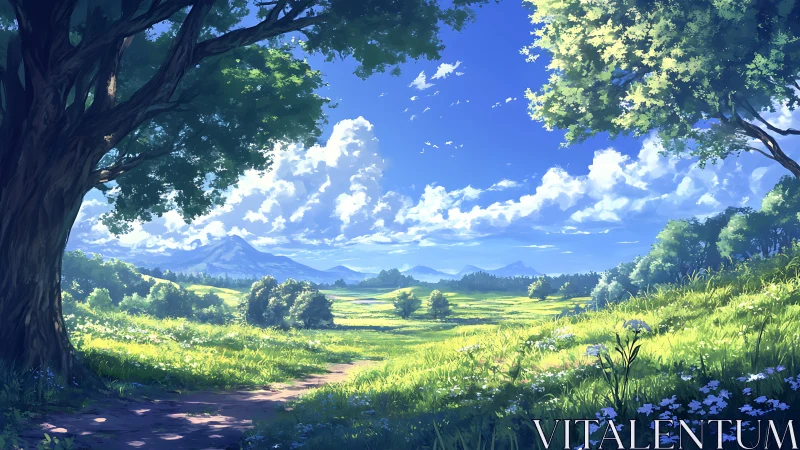 Sunlit green meadow stretches toward distant gentle mountains