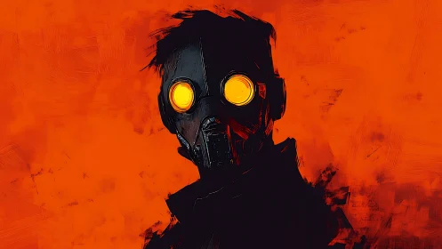 Glowing-eyed masked wanderer stands against vivid orange void