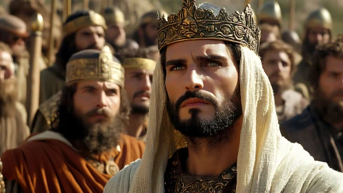 Resolute ancient king stands before his gathered warriors