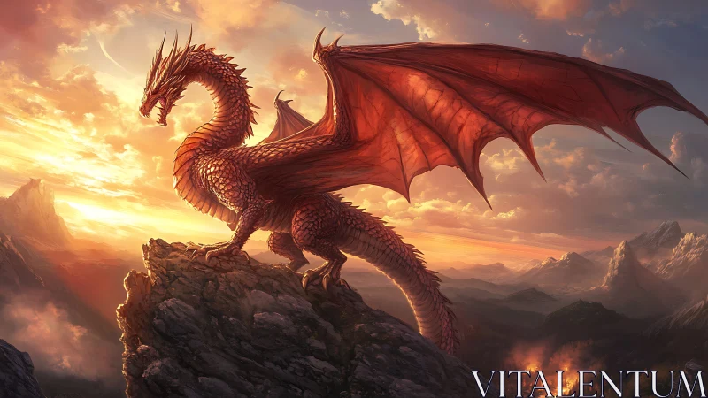 Crimson dragon dominates sunset ridge above burning valley