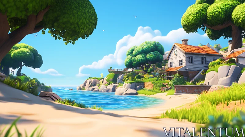 Coastal cottage nestled among oversized trees and rocky shores.