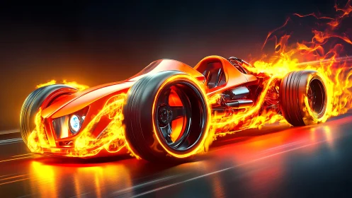 Streamlined concept race car rendered with dynamic fire effects