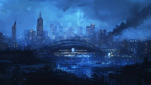 Rain-soaked futuristic city skyline with central terminal.