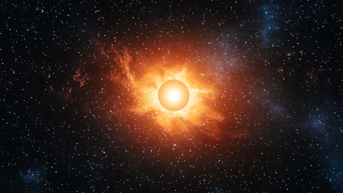 Glowing orange star sphere centered in dense starfield.