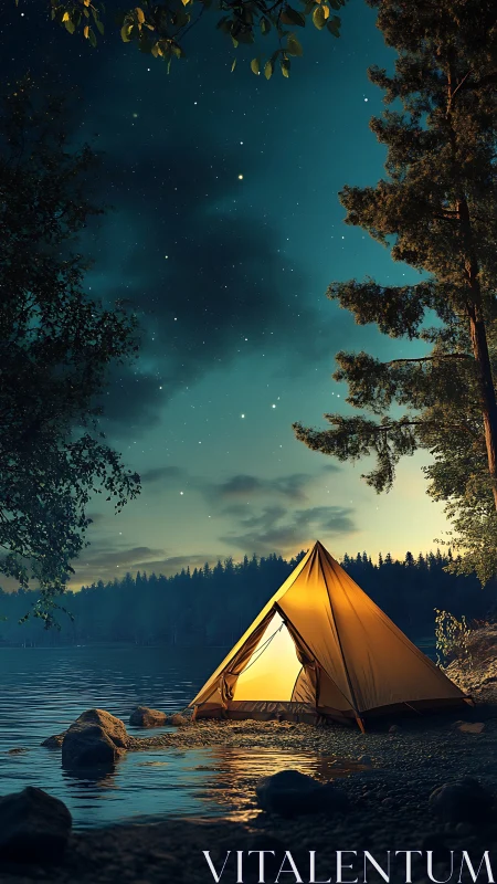 Cozy lakeside tent glowing softly under a peaceful night sky.