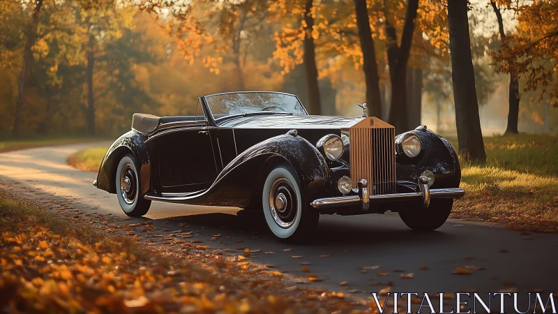 Vintage black cabriolet on forest road in autumn light.