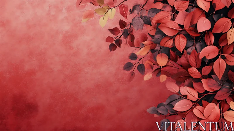 Crimson leaf cascade drifting over soft textured horizon.