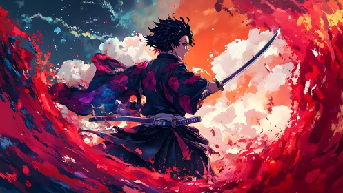 Samurai swordsman cuts through chromatic storm in profile