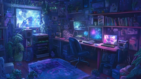 Dreamy cosmic gamer’s room glows with starlit neon screens