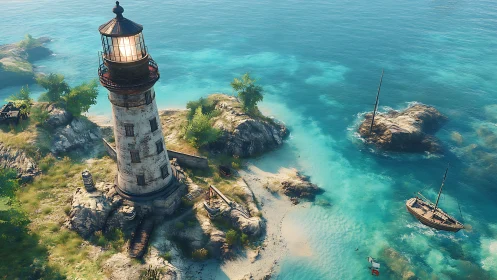 Lighthouse Structure Situated on Rocky Coastal Outcrop Adjacent to Turquoise Waters