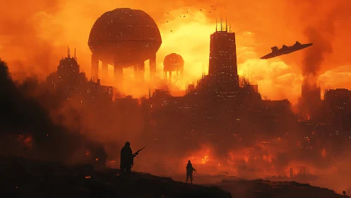 Burning futuristic city skyline under blazing orange sky