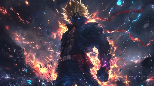 Dynamic anime antihero amid explosive chromatic energy field.