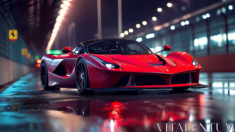 Red hypercar under rain-soaked circuit lights at night.