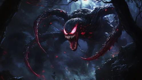 Nightmarish tentacled demon lunges through burning forest.