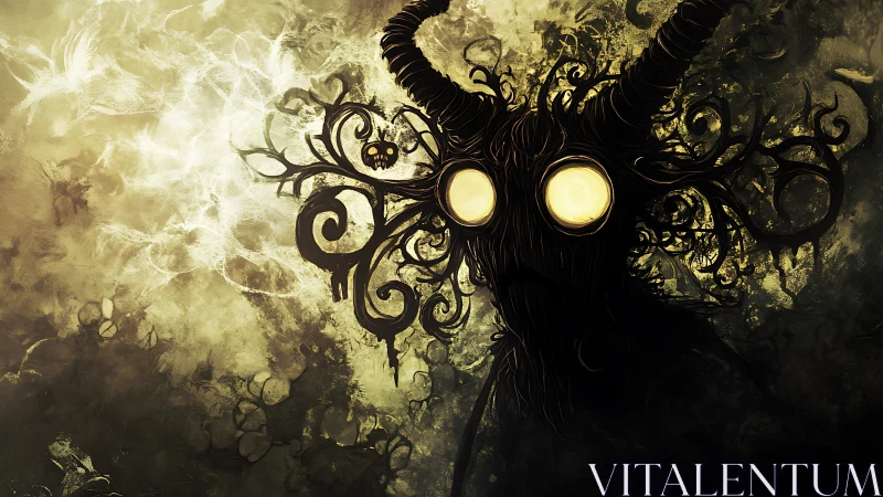 Horned shadow creature with glowing eyes dominates dark scene