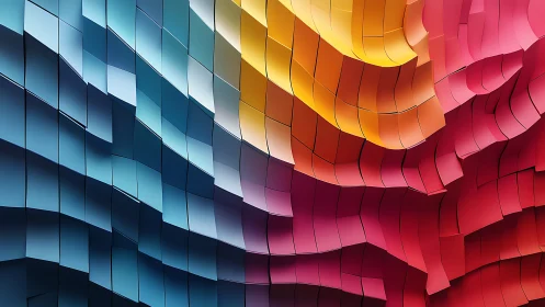 Curved gradient panels form flowing 3D chromatic facade.