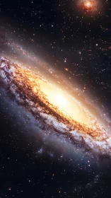Golden spiral galaxy glowing softly in a star filled night sky.