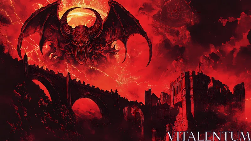Demonic winged overlord over ruined fortress in red storm.