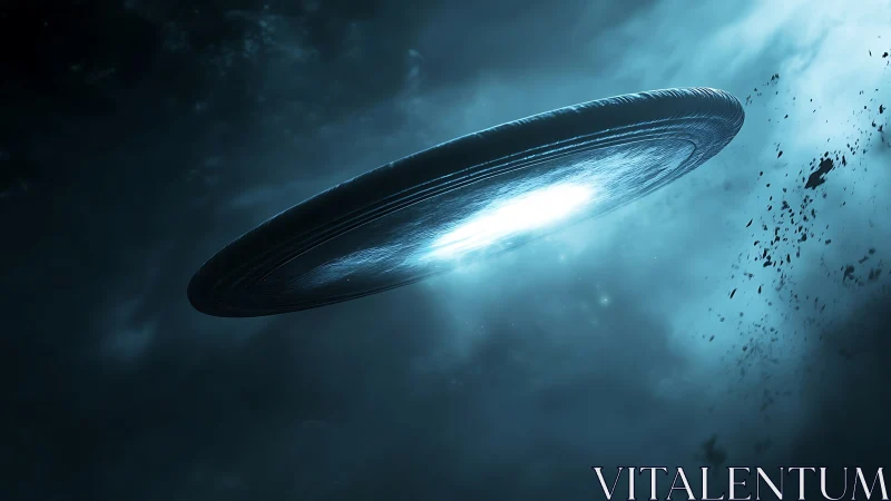 Massive luminous disc starship cuts through deep space field