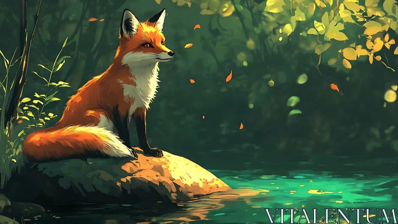 Red fox on riverside rock in softly lit forest scene.