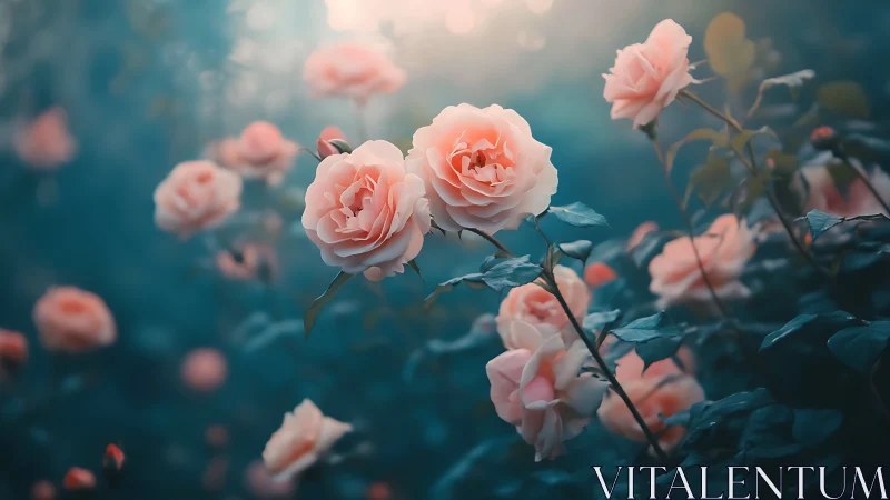 Peach Roses in Soft Focus Against Teal Gradient Background.