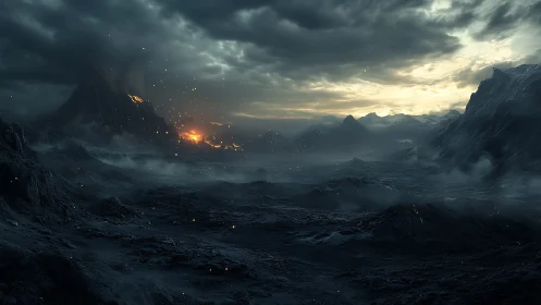 Volcanic mountain plain under dense, overcast sky at dusk.