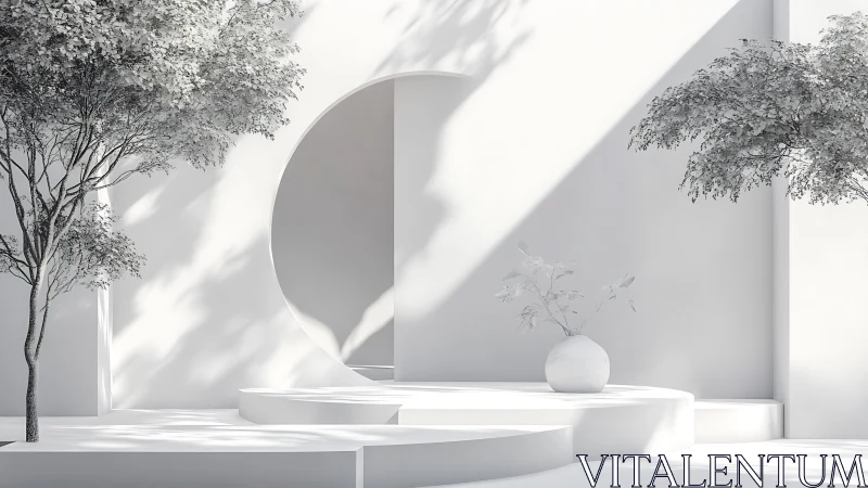 Minimalist White Interior Space with Circular Mirror and Botanical Elements