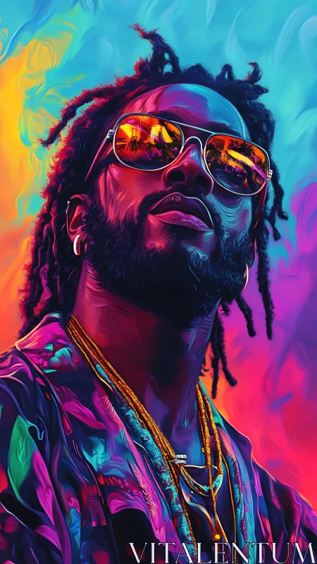 Neon-lit portrait isolates reflective sunglasses and saturated gradients