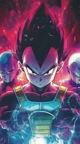 Anime warriors in stylized cosmic energy environment.