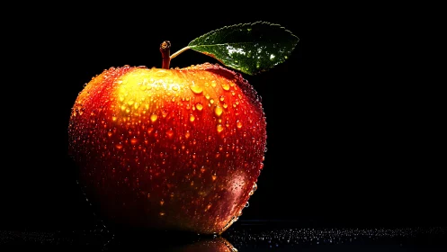 Juicy red apple glows warmly with fresh shining droplets