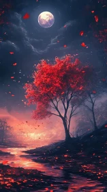 Luminous red tree under full moon beside glowing river.