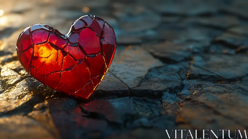 Fractured Red Heart Glows on Ancient Stone Surface.