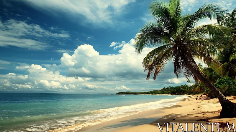 Tropical Beach Paradise with Palm Tree and Azure Waters.