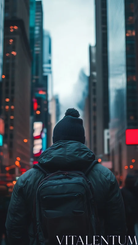 Backlit urban commuter framed by high-rise canyon at blue hour