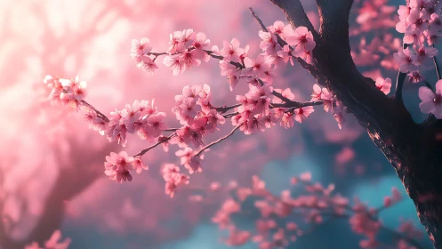 Cherry Blossom Bloom: Soft Focus Pink Petals on Dark Branches