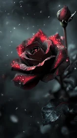 Crimson black rose with dewdrops in moody dark atmosphere.