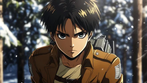 Determined anime hero walking through a quiet winter forest.