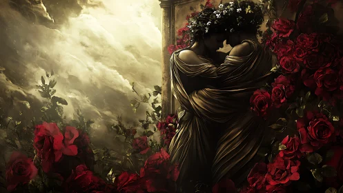 Two robed figures embrace amid dense red rose foliage