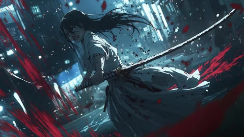 Lone samurai strikes under neon rain in a bloodlit street.