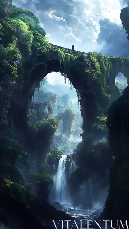 Solitary figure surveys verdant stone arches above cascades