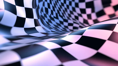Undulating checkered tunnel with iridescent gradient lighting.