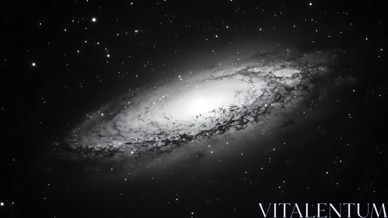 Spiral galaxy core in monochrome deep space portrait.