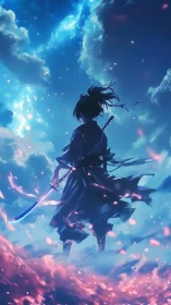 Silhouetted sword wielder stands amid clouds and floating embers