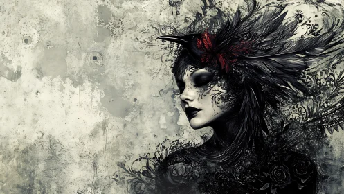 Gothic raven queen portrait with ornate feathered headdress.